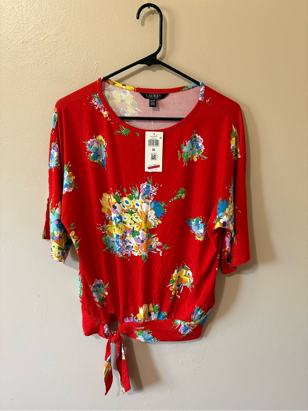Lauren Ralph Lauren Red Floral Tie-Hem Women's Top size XS NWT
